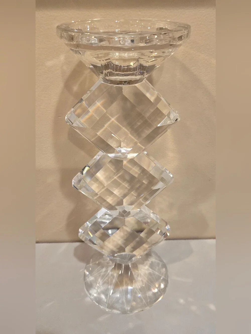 Art Deco Shannon Crystal Faceted Column Candle Holder - Clear